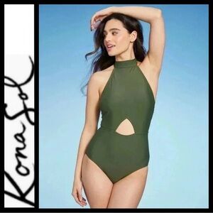 NWT Kona Sol High Neck Olive Green Halter Swimsuit